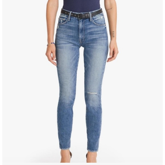 MOTHER Denim High Waisted Looker Jeans, Distressed Ripped Light Blue Wash, 25 - Picture 2 of 10